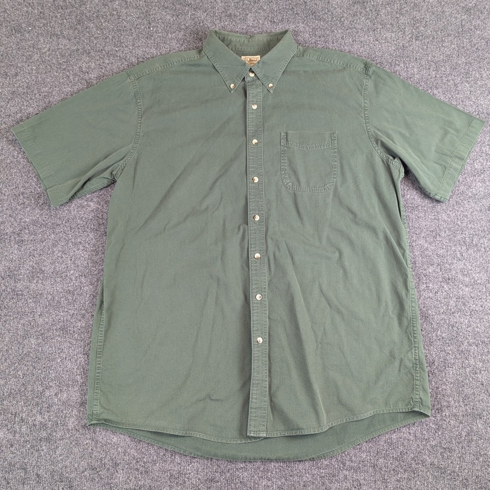 LL Bean Mens XL Tall Green 100% Cotton Short Sleeve Button Down Shirt Pocket